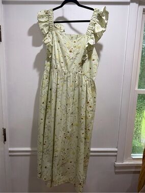 Light Floral Ruffle Strap Midi Dress - Pale Green